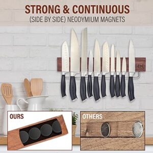 16 Inch Magnetic Knife Holder - U-Gen Real Walnut Wood Magnetic Knife Holder for Wall - Powerful Magnetic Knife Strip with Hooks - Easy to Install - Perfect for Kitchen Utensils and Knives Storage