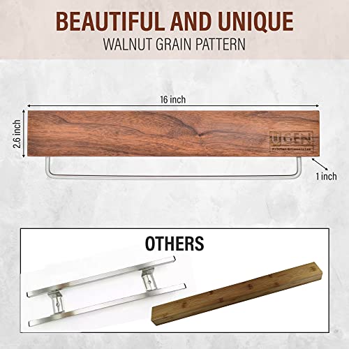 16 Inch Magnetic Knife Holder - U-Gen Real Walnut Wood Magnetic Knife Holder for Wall - Powerful Magnetic Knife Strip with Hooks - Easy to Install - Perfect for Kitchen Utensils and Knives Storage