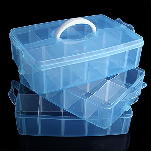 ZLY 3-Tier Demountable Plastic Jewelry Box Organizer Storage Container with Adjustable Dividers 30（Large） Grids (Blue, XL-30 Grids)