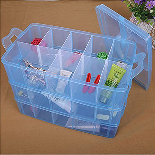 ZLY 3-Tier Demountable Plastic Jewelry Box Organizer Storage Container with Adjustable Dividers 30（Large） Grids (Blue, XL-30 Grids)