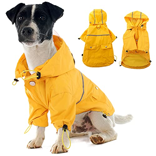 Dog Raincoat, Hooded Waterproof Pet Poncho, Adjustable Dog Rain Jacket Slicker with Harness Hole for Small Medium Large Dogs, Reflective Dog Outfit Apparel Puppies Outdoor Clothes in Rainy Day