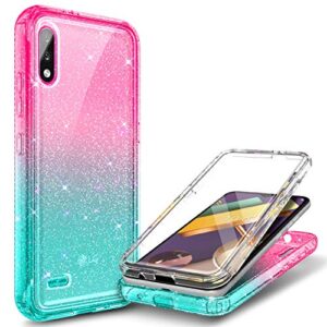 nznd case for lg k22/k32/k22+ plus with [built-in screen protector], full-body shockproof protective rugged bumper cover, impact resist durable phone case (glitter pink/aqua)