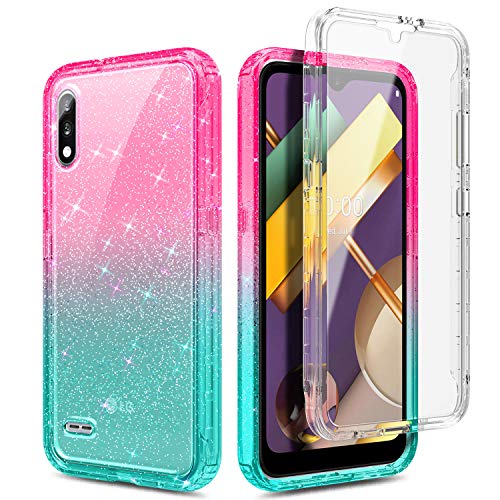 NZND Case for LG K22/K32/K22+ Plus with [Built-in Screen Protector], Full-Body Shockproof Protective Rugged Bumper Cover, Impact Resist Durable Phone Case (Glitter Pink/Aqua)