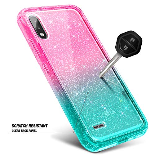 NZND Case for LG K22/K32/K22+ Plus with [Built-in Screen Protector], Full-Body Shockproof Protective Rugged Bumper Cover, Impact Resist Durable Phone Case (Glitter Pink/Aqua)