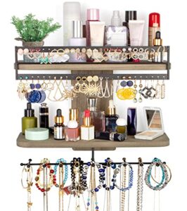 solimintr jewelry organizer wall mounted skincare product organizer with rod rustic wood hanging storage shelves rack double-layer holder display for necklaces earrings bracelet ring weathered grey