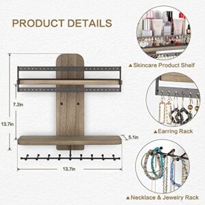 SOLIMINTR Jewelry Organizer Wall Mounted Skincare Product Organizer with Rod Rustic Wood Hanging Storage Shelves Rack Double-layer Holder Display for Necklaces Earrings Bracelet Ring Weathered Grey