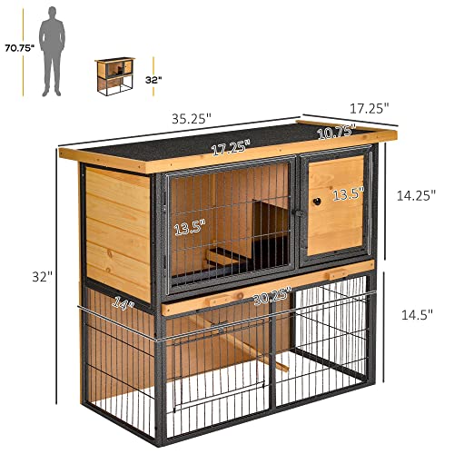 PawHut Wooden Rabbit Hutch Metal Frame Small Animal Habitat with No Leak Tray, Asphalt Openable Roof,Ramp and Lockable Door for Outdoor Light Yellow
