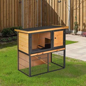 PawHut Wooden Rabbit Hutch Metal Frame Small Animal Habitat with No Leak Tray, Asphalt Openable Roof,Ramp and Lockable Door for Outdoor Light Yellow