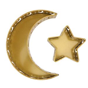 valiclud 2pcs iron serving tray plate eid islam moon and star shaped platter pastry dessert tray for home ramadan mubarak party decor supplies (golden)