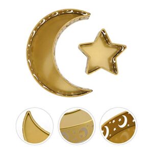 VALICLUD 2pcs Iron Serving Tray Plate Eid Islam Moon and Star Shaped Platter Pastry Dessert Tray for Home Ramadan Mubarak Party Decor Supplies (Golden)