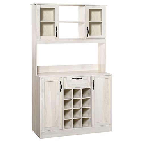 HOMCOM Kitchen Buffet with Hutch Cupboard with Utility Drawer, 4 Door Cabinets, and Optional 12-Bottle Wine Storage, White