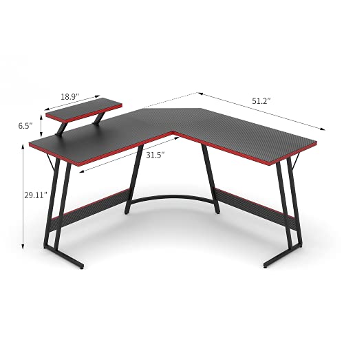 Devoko L Shaped Gaming Desk 51 Inch Computer Corner Table Home Office Desk Gamer Table with Large Monitor Riser Stand Carbon Fibre Surface (Black)
