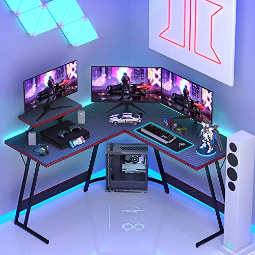 Devoko L Shaped Gaming Desk 51 Inch Computer Corner Table Home Office Desk Gamer Table with Large Monitor Riser Stand Carbon Fibre Surface (Black)