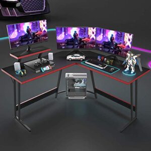 Devoko L Shaped Gaming Desk 51 Inch Computer Corner Table Home Office Desk Gamer Table with Large Monitor Riser Stand Carbon Fibre Surface (Black)