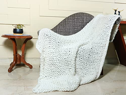 Chunky Knit Throw Blanket - Hand Made - Acrylic & Wool Boho Blankets for Chair, Sofa, Bed & Home Decorations - Warm Cover - Decorative Furnishings - 50’’ x 70’’ - Ivory – Woven.St