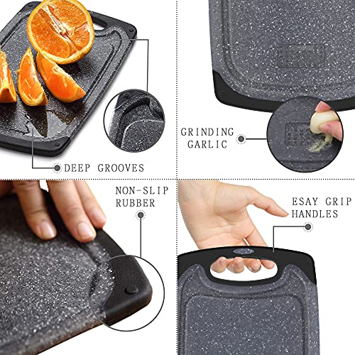 Viretang Plastic Cutting Board, 3 Pieces Dishwasher Safe Cutting Boards for Kitchen with Juice Grooves, Easy Grip Handle, Non-Slip, with Grinding Area for Grinding Garlic and Ginger（Dark Grey）