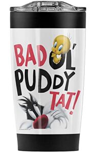 looney tunes sylvester and tweety bad ol' puddy stainless steel tumbler 20 oz coffee travel mug/cup, vacuum insulated & double wall with leakproof sliding lid | great for hot drinks and cold beverages