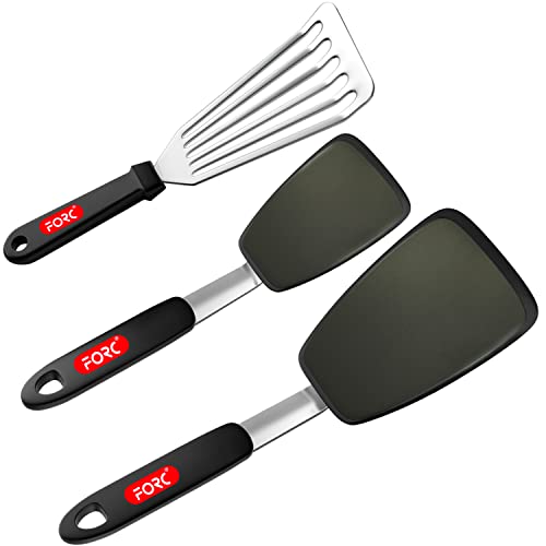 Silicone Spatula, Forc 3 Pack 600°F Heat Resistant BPA Free Nonstick Cookware Dishwasher Safe Flexible Sturdy Nonporous Spatula Set, Rubber Spatula for Flipping Eggs, Steak, Burgers, Crepes,Black