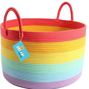 organihaus storage basket for rainbow classroom decor | throw blanket basket for living room | laundry storage organizer | toy basket storage for kids | hamper for baby rainbow nursery decor - 20x13