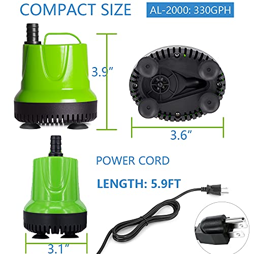 ALLYLANG 330GPH 25W Aquarium Submersible Water Pump, Apply to Fish Tank / Pond Fountain / Statuary / Hydroponics with 3 Nozzles 5.9ft Power Cord (330GPH)