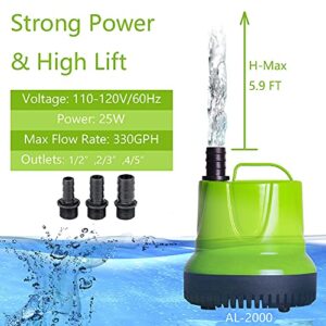 ALLYLANG 330GPH 25W Aquarium Submersible Water Pump, Apply to Fish Tank / Pond Fountain / Statuary / Hydroponics with 3 Nozzles 5.9ft Power Cord (330GPH)