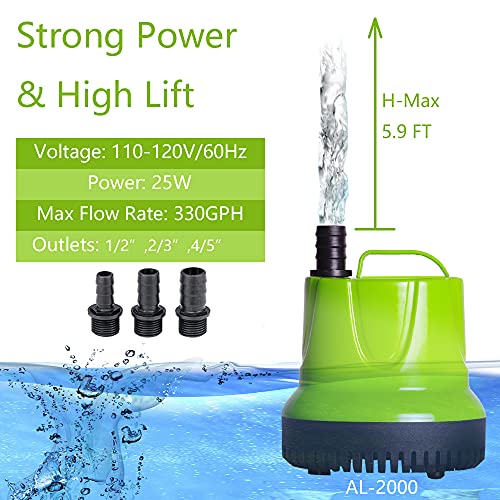 ALLYLANG 330GPH 25W Aquarium Submersible Water Pump, Apply to Fish Tank / Pond Fountain / Statuary / Hydroponics with 3 Nozzles 5.9ft Power Cord (330GPH)