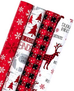 wrapaholic christmas wrapping paper roll - rustic holiday woodland scenes - snowflake, plaid, reindeer - 4 rolls - 30 inch x 120 inch per roll