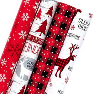 WRAPAHOLIC Christmas Wrapping Paper Roll - Rustic Holiday Woodland Scenes - Snowflake, Plaid, Reindeer - 4 Rolls - 30 Inch X 120 Inch Per Roll
