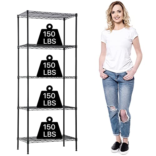 5-Tier Wire Shelving Unit Storage Shelves Heavy Duty Metal Shelf 24"L x 14"W x 60"H Utility Steel Organizer Rack NSF Garage Shelving with Leveling Feet for Kitchen, Garage, Bathroom, Laundry, Black