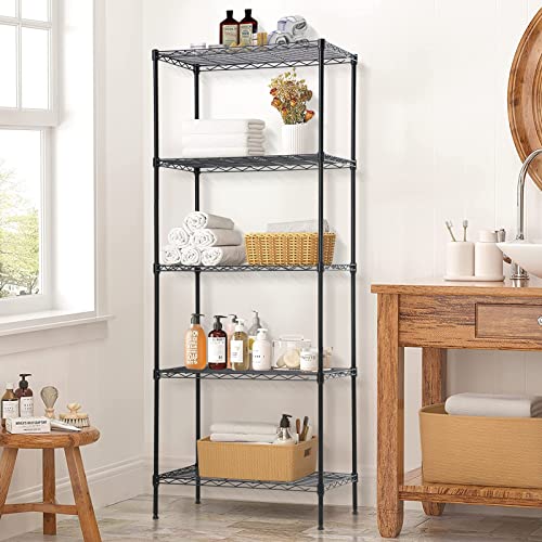 5-Tier Wire Shelving Unit Storage Shelves Heavy Duty Metal Shelf 24"L x 14"W x 60"H Utility Steel Organizer Rack NSF Garage Shelving with Leveling Feet for Kitchen, Garage, Bathroom, Laundry, Black