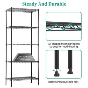 5-Tier Wire Shelving Unit Storage Shelves Heavy Duty Metal Shelf 24"L x 14"W x 60"H Utility Steel Organizer Rack NSF Garage Shelving with Leveling Feet for Kitchen, Garage, Bathroom, Laundry, Black