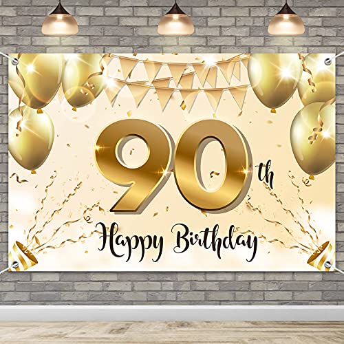 HAMIGAR 6x4ft Happy 90th Birthday Banner Backdrop - 90 Years Old Birthday Decorations Party Supplies for Women - White Gold