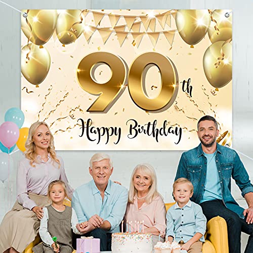 HAMIGAR 6x4ft Happy 90th Birthday Banner Backdrop - 90 Years Old Birthday Decorations Party Supplies for Women - White Gold