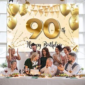 HAMIGAR 6x4ft Happy 90th Birthday Banner Backdrop - 90 Years Old Birthday Decorations Party Supplies for Women - White Gold