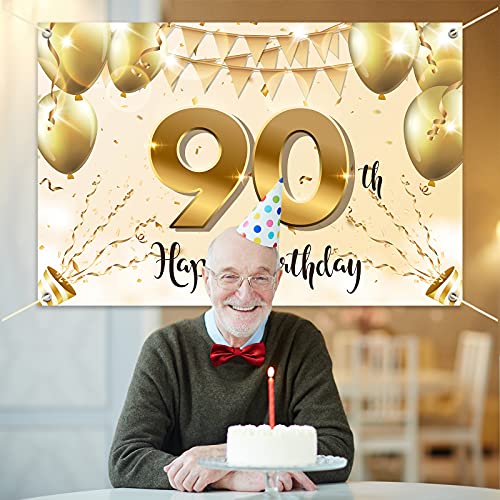 HAMIGAR 6x4ft Happy 90th Birthday Banner Backdrop - 90 Years Old Birthday Decorations Party Supplies for Women - White Gold