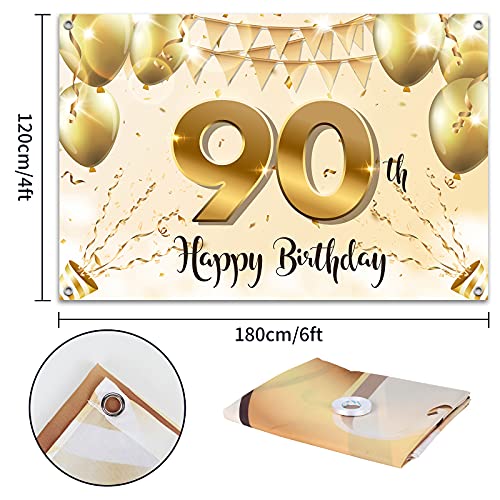 HAMIGAR 6x4ft Happy 90th Birthday Banner Backdrop - 90 Years Old Birthday Decorations Party Supplies for Women - White Gold