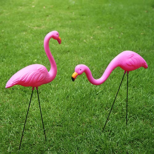 JOYIN Set of 2 Small Pink Flamingo Yard Ornament Stakes Mini Lawn Plastic Flamingo Statue with Metal Legs for Sidewalks, Outdoor Garden Decoration, Luau Party, Beach, Tropical Party Decor, 2 Styles