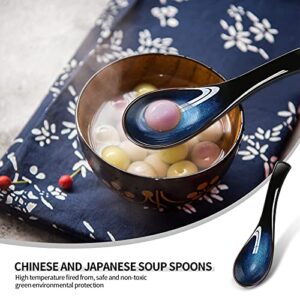 4 Pieces Japanese and Korean Ceramic Soup Spoons Set Long Handle Spoons Retro Blue Ramen Bowl Soup Spoon Suitable for Soup, Gravy, Cake, Oatmeal, Dumplings