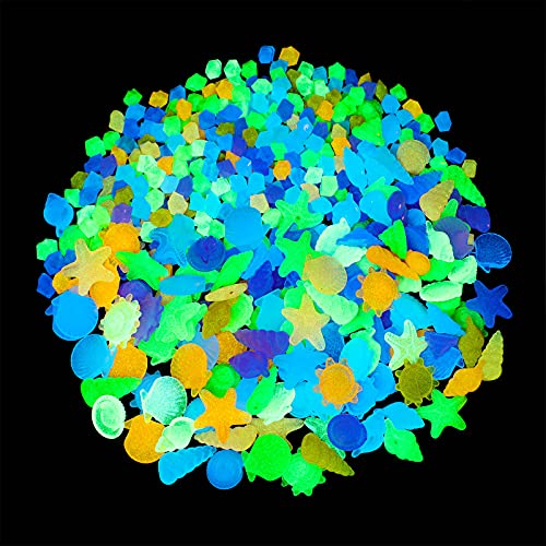 340 Pieces Aquarium Glowing Stones Multi-Colored Sea Shells Decorative Pebble Stones Tank Decorations Rocks Glow in The Dark for Swimming Pool Garden Fish Tank and Aquarium