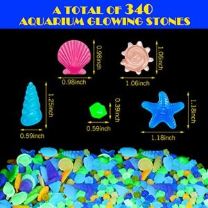 340 Pieces Aquarium Glowing Stones Multi-Colored Sea Shells Decorative Pebble Stones Tank Decorations Rocks Glow in The Dark for Swimming Pool Garden Fish Tank and Aquarium