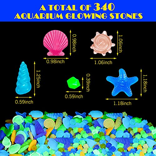 340 Pieces Aquarium Glowing Stones Multi-Colored Sea Shells Decorative Pebble Stones Tank Decorations Rocks Glow in The Dark for Swimming Pool Garden Fish Tank and Aquarium