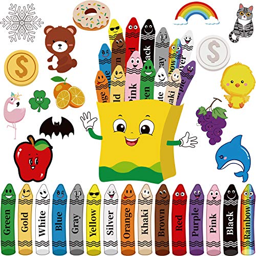 31 Pieces Colorful Crayons Bulletin Board Set Color Poster Crayons Colors Fruit Animal Cutout Resources Colors Cutout with Glue Point Dot for Educational Preschool Learning