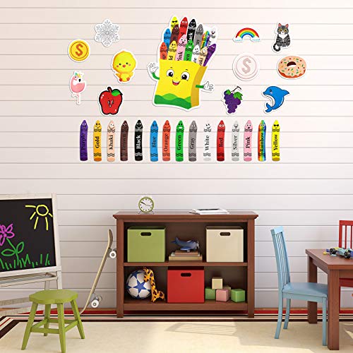 31 Pieces Colorful Crayons Bulletin Board Set Color Poster Crayons Colors Fruit Animal Cutout Resources Colors Cutout with Glue Point Dot for Educational Preschool Learning