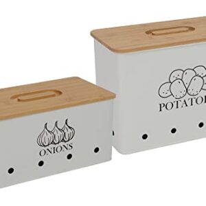 Xbopetda Potato Onion Storage Box, Food Container Sets, Storage Canisters for Vegeatables, Set of 2 Jars Pots Containers, Potato & Onion Bin with Aerating Tin Storage Holes & Bamboo Lid-White