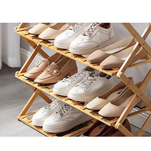 Maydear Foldable Multi Tier Bamboo Shoe Rack, Multifunctional Shoe Shelf Free Standing Shoe organizer-4 Tier