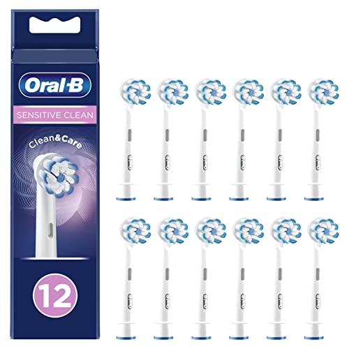 Oral-B Sensitive Clean Electric Toothbrush Head with Clean & Care Technology, Extra Soft Bristles for Gentle Plaque Removal, Pack of 12, Suitable for Mailbox, White