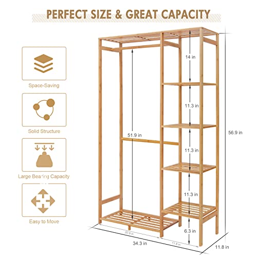 Jotsport Bamboo Clothing Rack with 6 Tier Storage Shelf Multifunctional Garment Organizer Wardrobe Closet for Guest Room Kids Baby Bedroom Entryway