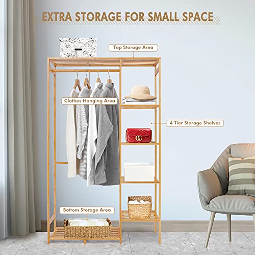 Jotsport Bamboo Clothing Rack with 6 Tier Storage Shelf Multifunctional Garment Organizer Wardrobe Closet for Guest Room Kids Baby Bedroom Entryway