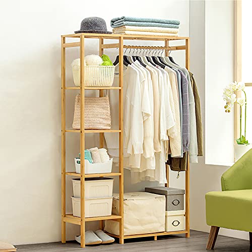 Jotsport Bamboo Clothing Rack with 6 Tier Storage Shelf Multifunctional Garment Organizer Wardrobe Closet for Guest Room Kids Baby Bedroom Entryway