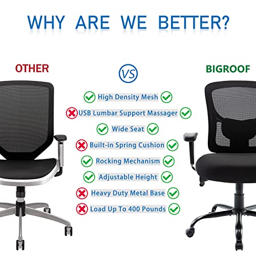 Bigroof Big and Tall Office Chair 400lbs, Ergonomic Mesh Desk Computer Chair with Adjustable Lumbar Support Arms High Back Wide Seat Task Executive Rolling Swivel Chair for Women Men, Heavy People